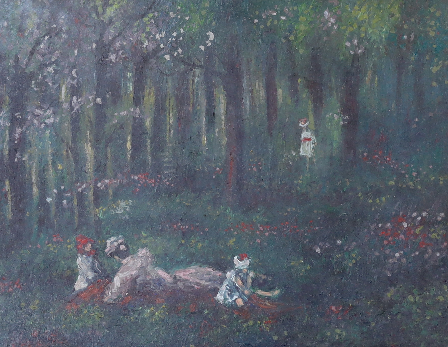 Impressionist oil on board, Figures in a woodland glade, ebonised and gilded frame, 35 x 45cm